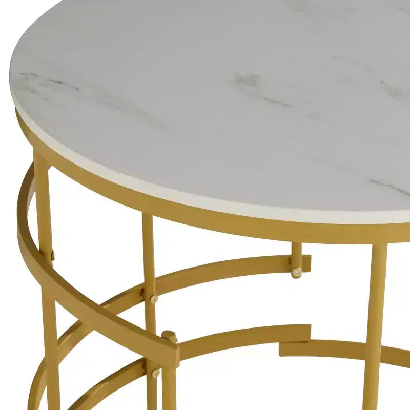 Table d'appoint ronde moderne en métal, géométrique, dorée, avec plateau en faux marbre