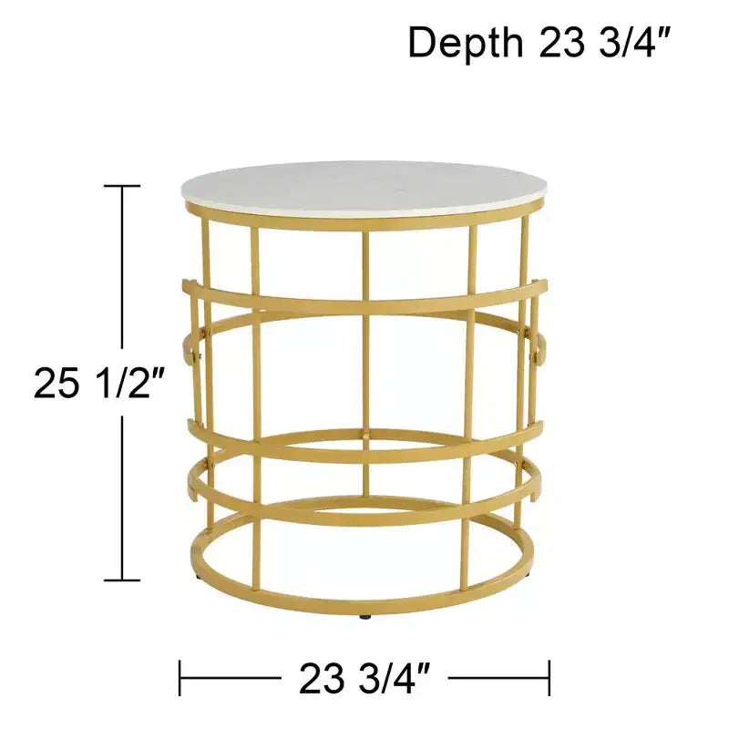 Table d'appoint ronde moderne en métal, géométrique, dorée, avec plateau en faux marbre