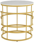 Table d'appoint ronde moderne en métal, géométrique, dorée, avec plateau en faux marbre