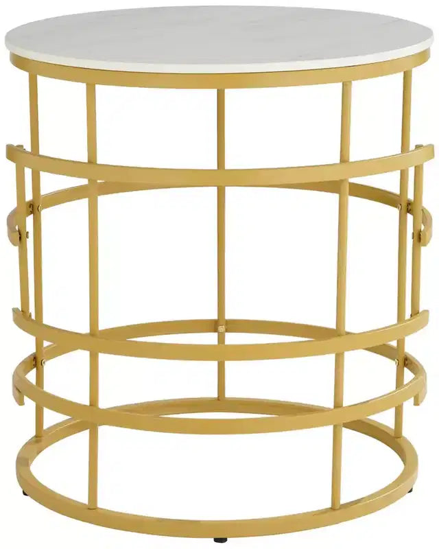 Table d'appoint ronde moderne en métal, géométrique, dorée, avec plateau en faux marbre
