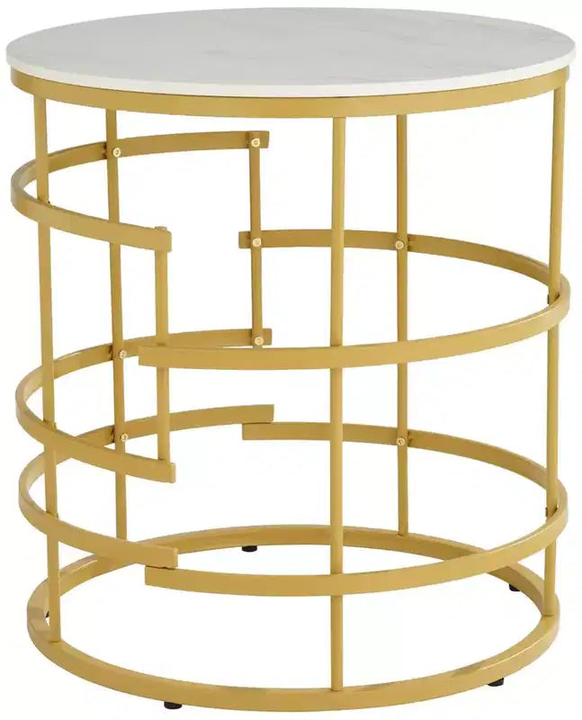 Table d'appoint ronde moderne en métal, géométrique, dorée, avec plateau en faux marbre