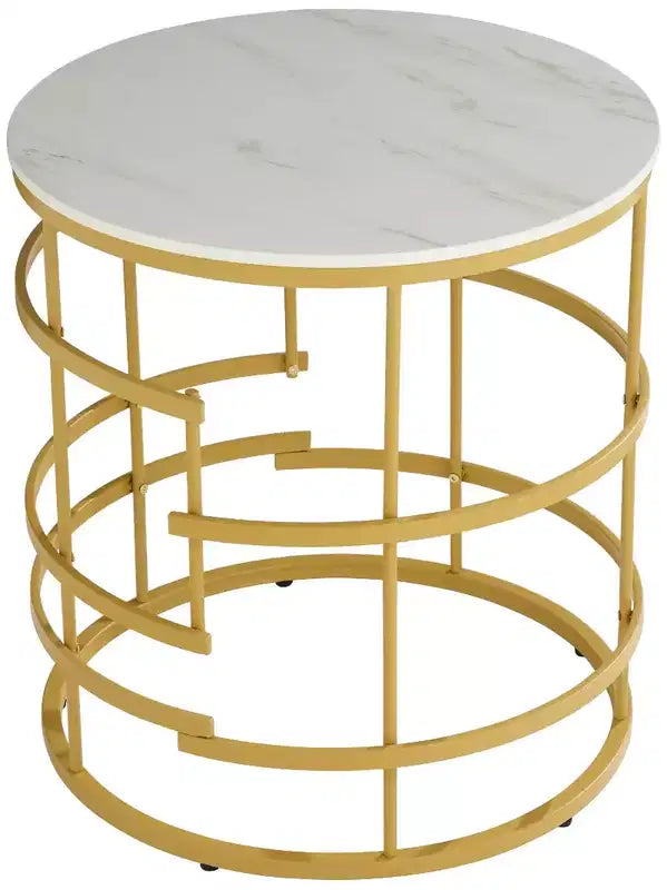 Table d'appoint ronde moderne en métal, géométrique, dorée, avec plateau en faux marbre