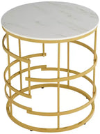 Table d'appoint ronde moderne en métal, géométrique, dorée, avec plateau en faux marbre